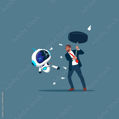 Businessman  uses sledgehammer and breaks hitting robot with artificial intelligence. Flat vector illustration.