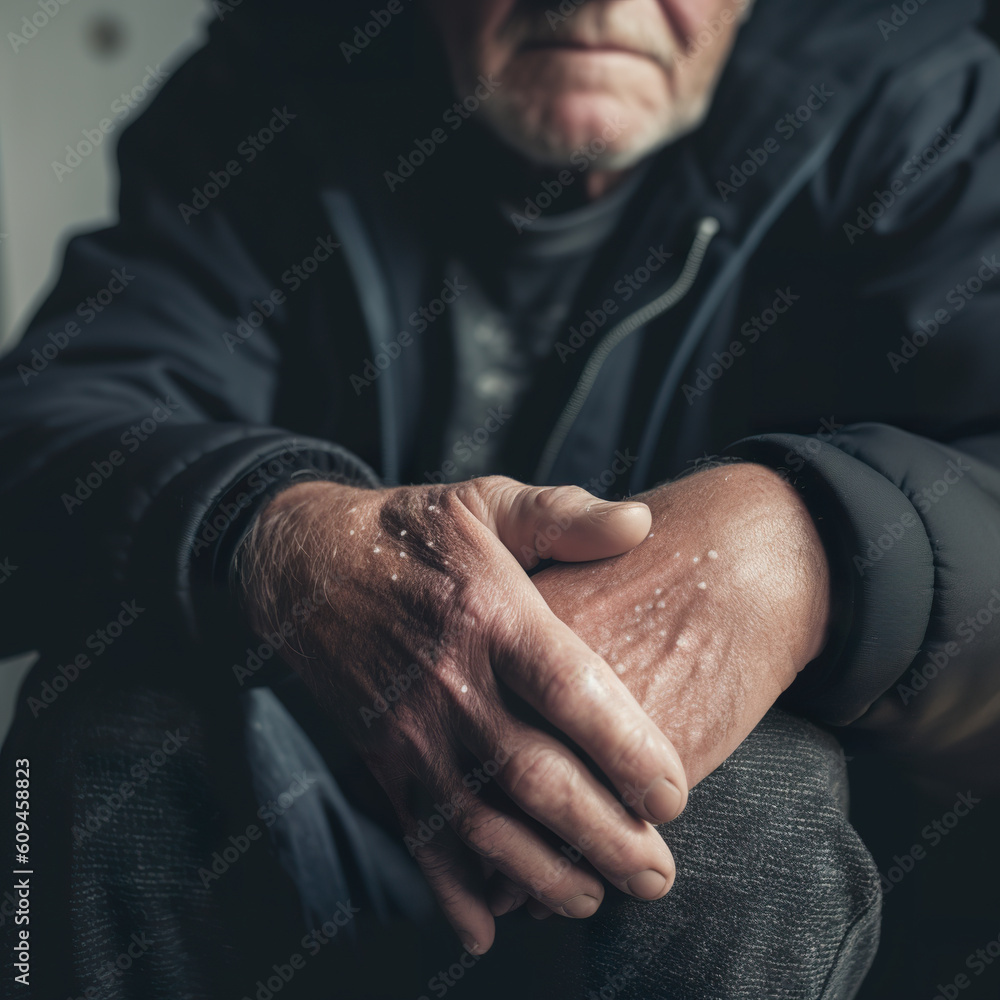 Fototapeta premium A portrait of a person who is suffering from gout. Closeup of a hands of an elderly person. Hands of an elderly man. Realistic 3D illustration. Generative AI