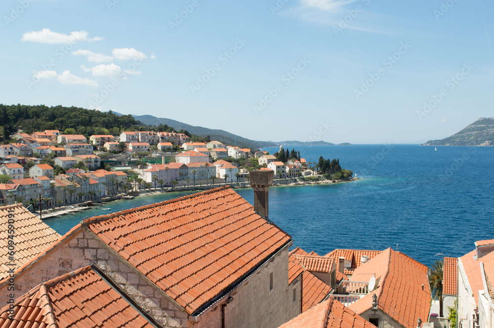 Historic town Korcula in Croatia, view from the bell tower, summer vacation on Adriatic coast