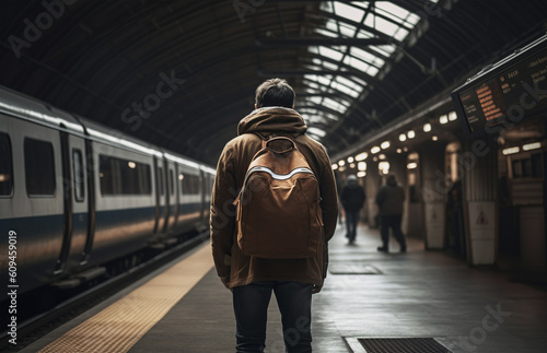Man from the back at the train station. Generative AI.