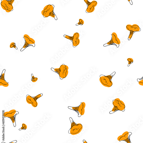Vector seamless pattern, hand-drawn, with chanterelle isolated on a white background. Endless texture with forest mushrooms in sketch style.