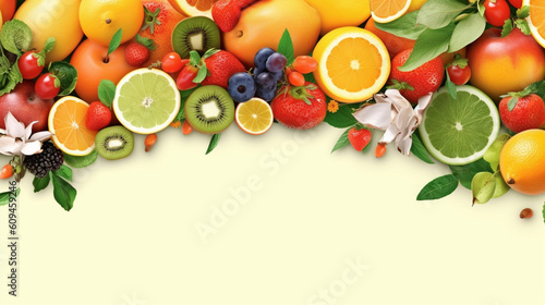 Fototapeta Naklejka Na Ścianę i Meble -  Fruit frame background for restaurant menu. IA generative.