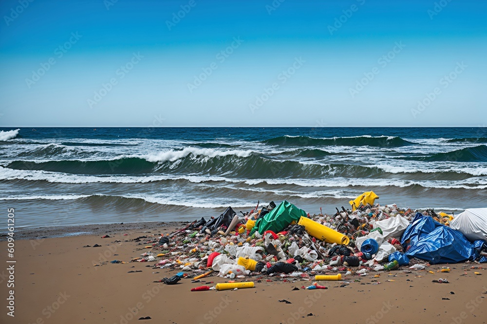 illustration of a beach full of garbage