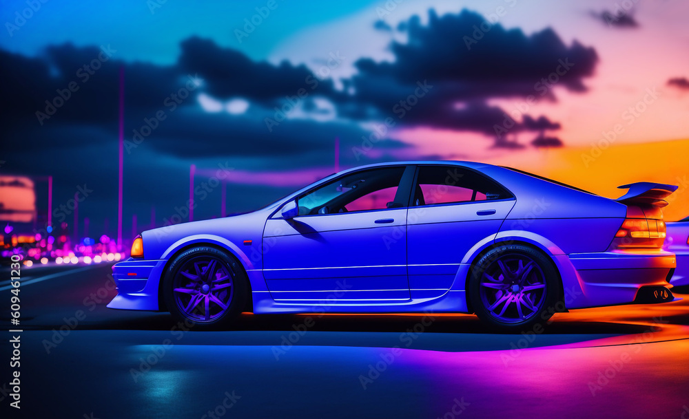 modern futuristic side view 90s sport car on trendy synthwave, vaporwave, cyberpunk sunset background. Back to 1990's concept. Generative AI.