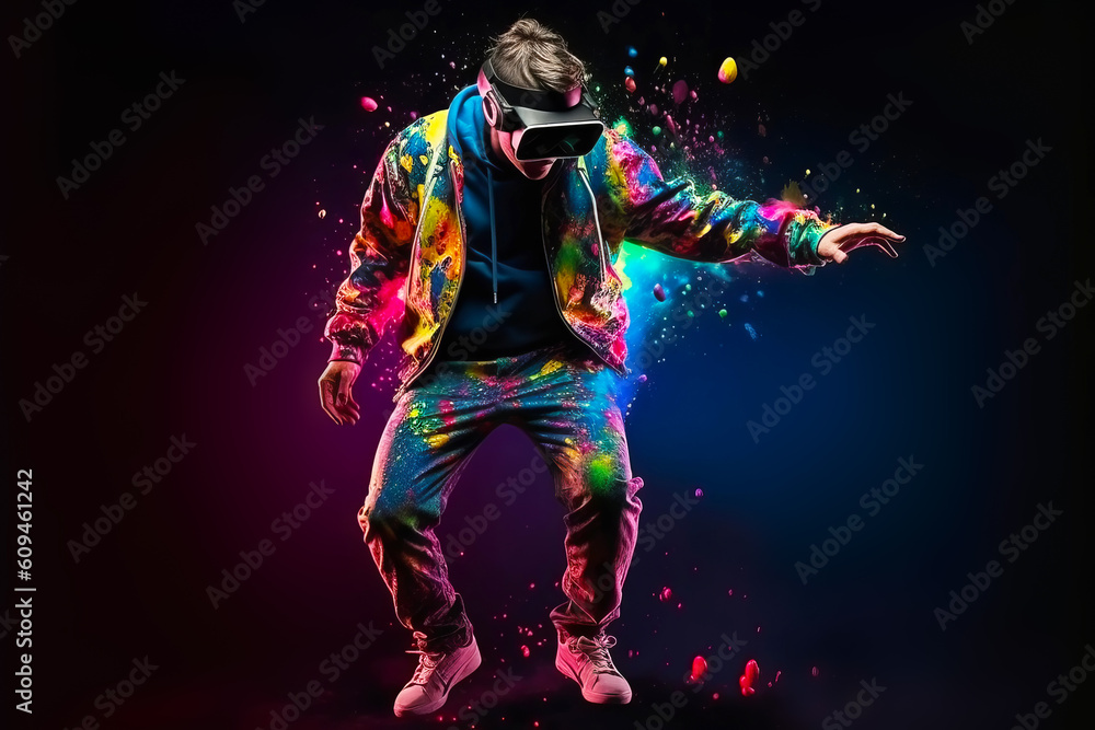 Fototapeta premium Young man wearing virtual reality glasses and dancing in room with splashes of paint. Augmented reality. Generative AI illustration