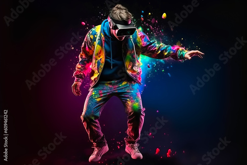 Young man wearing virtual reality glasses and dancing in room with splashes of paint. Augmented reality. Generative AI illustration