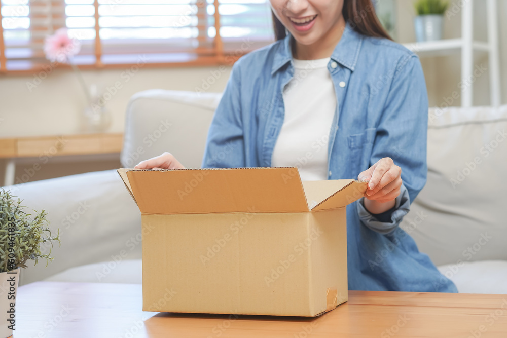 Happy excited, asian young woman, girl customer sitting on sofa at home, opening and unpacking cardboard box carton parcel after buying ordering present, shopping online, delivery service concept. Happy excited, asian young woman, girl customer sitting on sofa at home, opening and unpacking cardboard box carton parcel after buying ordering present, shopping online, delivery service concept.
