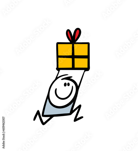 Doodle stickman running with big gift box in rising up hands. Vector illustration of fast delivery company.