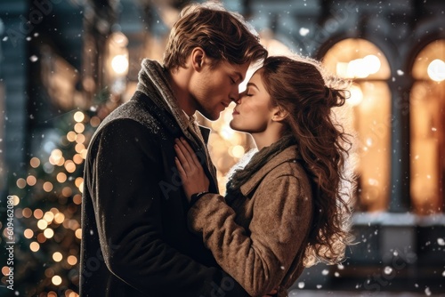 Photographie Young couple kissing under bright Christmas lights on New Year's Eve