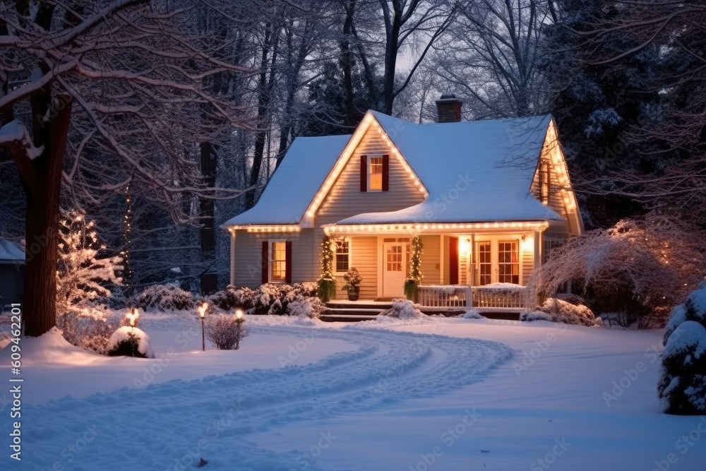 Photo of house decorated for Christmas under the snow. Generative AI Photo of house decorated for Christmas under the snow. Generative AI