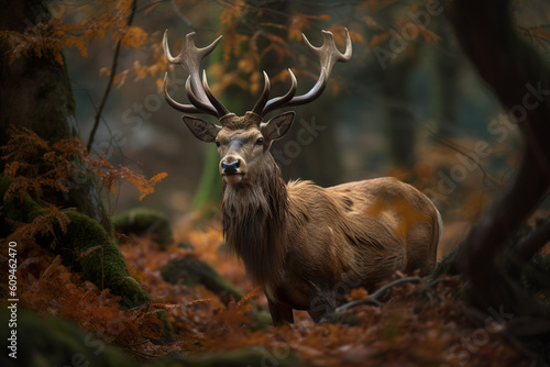 Roe deer in the wilderness surrounded by greenery. A deer in the forest in autumn. Sawsbuck a deer-like creature with magnificent seasonal foliage on its antlers. Generative AI © Vagner Castro