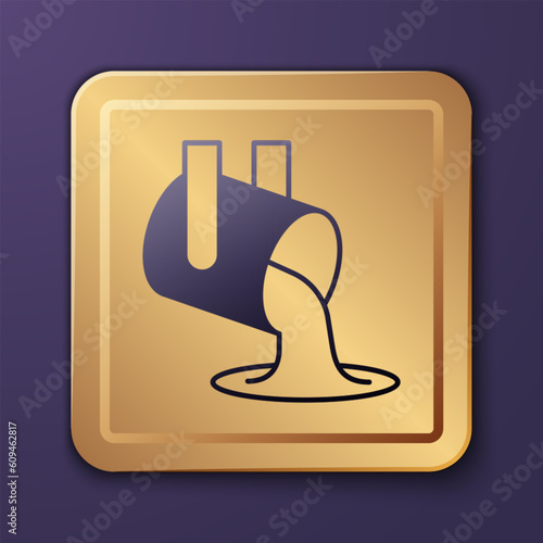 Purple Molten gold being poured icon isolated on purple background. Molten metal poured from ladle. Gold square button. Vector