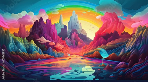Colorful magical rainbow fantasy planet landscape