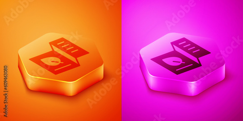 Isometric Vegetarian food menu icon isolated on orange and pink background. Vegan food menu for restaurant and cafe. Hexagon button. Vector