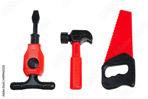 Black and red toy screwdriver, hammer and saw made of plastic on a transparent background png