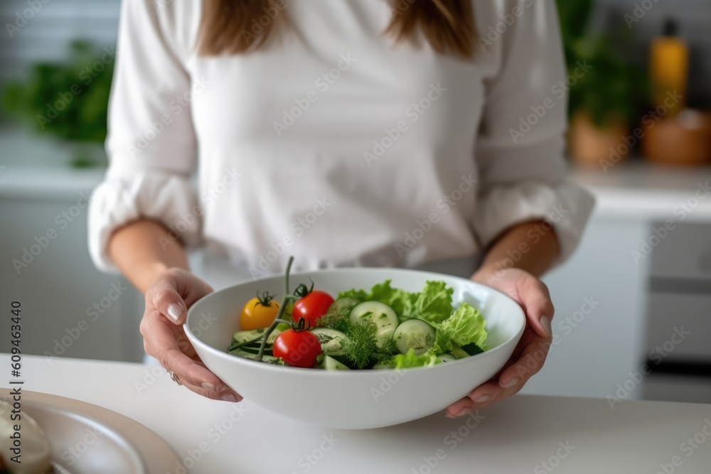 Unrecognizable woman hands holding bowl of salad, AI Generated Unrecognizable woman hands holding bowl of salad, AI Generated