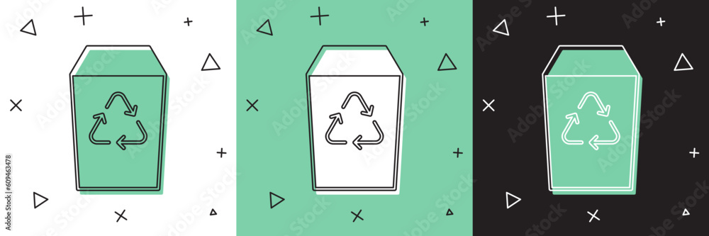 Set Recycle bin with recycle symbol icon isolated on white and green, black background. Trash can icon. Garbage bin sign. Recycle basket sign. Vector Set Recycle bin with recycle symbol icon isolated on white and green, black background. Trash can icon. Garbage bin sign. Recycle basket sign. Vector