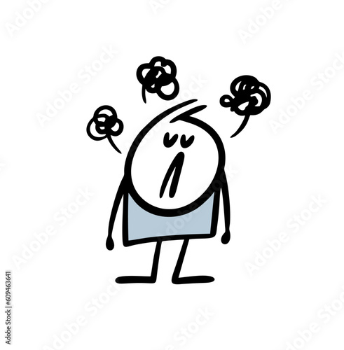 Upset stickman and bad thoughts in his head. Vector illustration of stick figure comic character in depression.