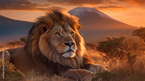Lion portrait on Savanna. Mount Kilimanjaro at sunset