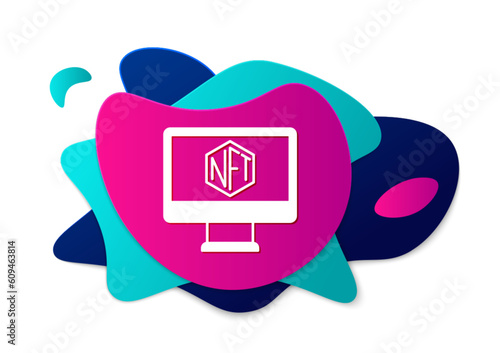 Color Monitor with art store app icon isolated on white background. Technology of selling NFT tokens for cryptocurrency. Non fungible token concept. Abstract banner with liquid shapes. Vector