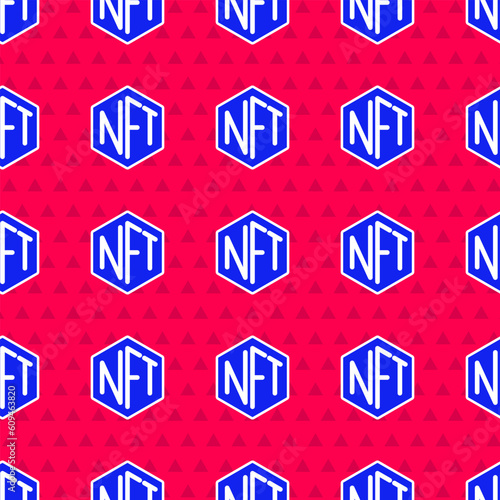 Blue NFT Digital crypto art icon isolated seamless pattern on red background. Non fungible token. Vector