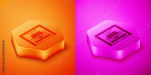 Isometric Car wash icon isolated on orange and pink background. Carwash service and water cloud icon. Hexagon button. Vector