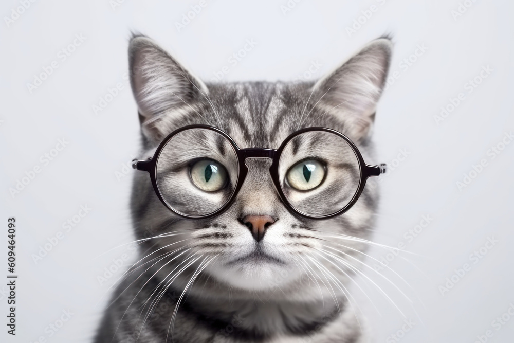 Closeup of tabby cat in round eyeglasses, on solid light background. AI generative.