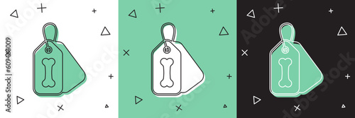 Set Dog collar with name tag and bone plaque icon isolated on white and green, black background. Supplies for domestic animal. Cat and dog care. Pet dog chains. Vector