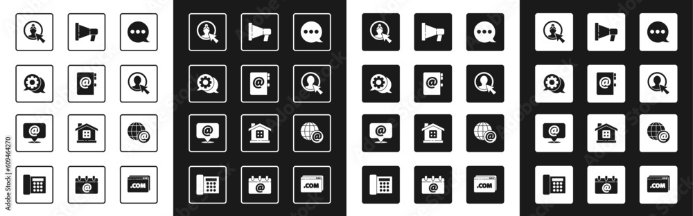 Set Speech bubble chat, Address book, Create account screen, Megaphone, Earth globe with mail and Mail and e-mail icon. Vector Set Speech bubble chat, Address book, Create account screen, Megaphone, Earth globe with mail and Mail and e-mail icon. Vector