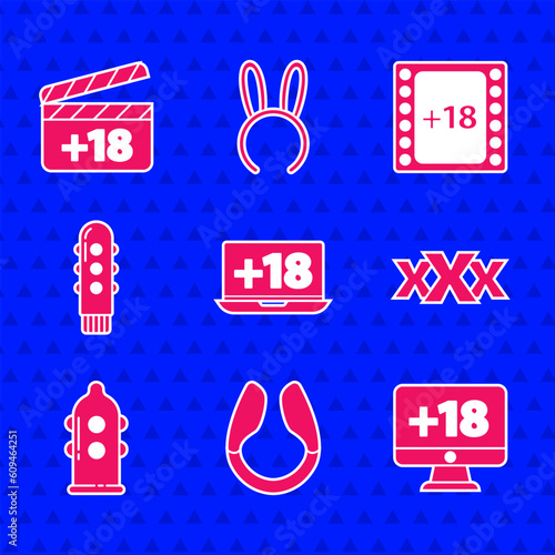 Set Laptop with 18 plus content, Dildo vibrator, Monitor, Sex shop, Condom, Play Video and Movie clapper icon. Vector