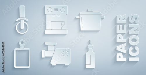 Set Kitchen meat grinder, Cooking pot, Cutting board, Bottle of olive oil, Coffee machine and Pizza knife icon. Vector
