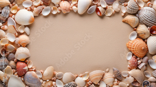 Frame of seashells on the beach. IA generative. © Moon Project