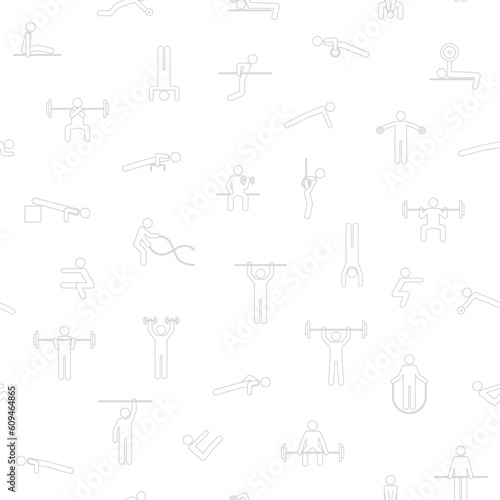 Seamless pattern of line symbols workout, athletic, gym, fitness, calisthenics training exercises. Continuous print of people making sports in gymnasium. Isolated outline vector illustration