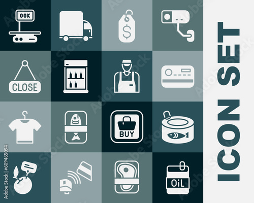 Set Bottle of olive oil, Canned fish, Credit card, Price tag with dollar, Commercial refrigerator, Hanging sign Closed, Electronic scales and Seller icon. Vector