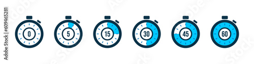 Set of timer. Stopwatch icons set. Countdown 0, 5, 15, 30, 45, 60 minutes. Timer symbol. Outline stopwatch icon. Alarm pictogram. Vector, Transparent background