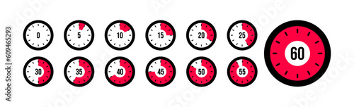 Set of timer. Stopwatch icons set. Countdown 0, 5, 10, 15, 20, 25, 30, 35, 40, 45, 50, 55, 60 minutes. Timer symbol. Outline stopwatch icon. Alarm pictogram. Vector, Transparent background