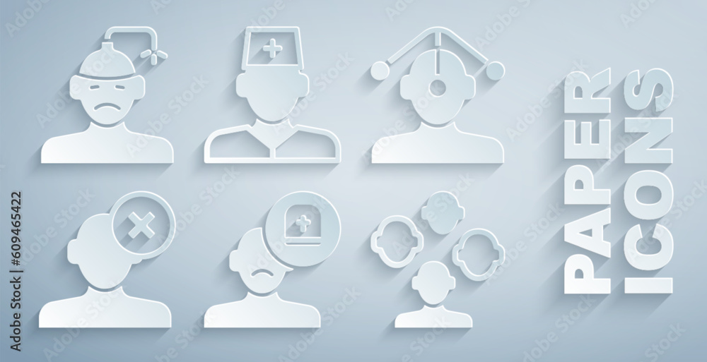 Set Male doctor, Hypnosis, Solution problem in psychology, Schizophrenia, and Concussion, headache icon. Vector Set Male doctor, Hypnosis, Solution problem in psychology, Schizophrenia, and Concussion, headache icon. Vector