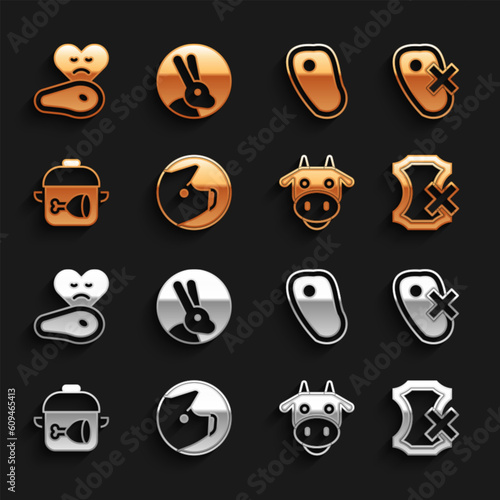 Set Pig, No meat, leather, Cow head, Cooking pot and chicken leg, Steak, and Rabbit icon. Vector
