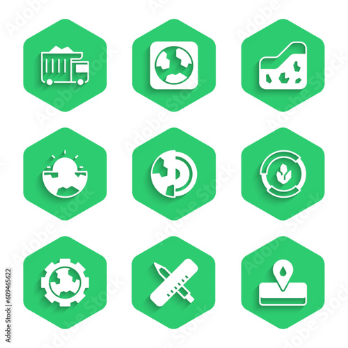 Set Earth core structure crust, Crossed ruler and pencil, Oilfield, Soil analysis, Gear wheels earth, Ground and Mining dump truck icon. Vector