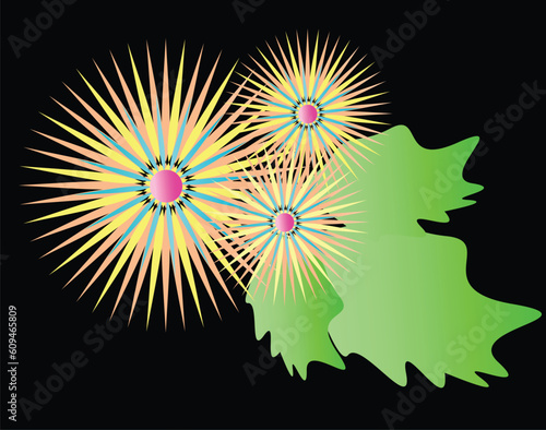Laurel wreath, floral ornaments, sea beach, icons, car icons, pattern, lace, ribbons, fire icon, green icon, and people silhouettes