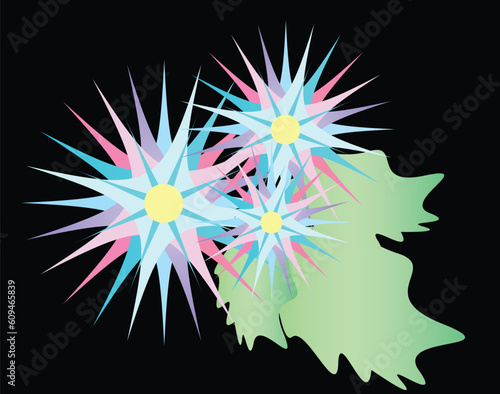 Laurel wreath, floral ornaments, sea beach, icons, car icons, pattern, lace, ribbons, fire icon, green icon, and people silhouettes
