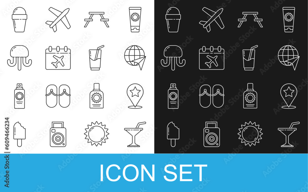 Set line Martini glass, Map pointer with star, Globe flying plane, Picnic table benches, Calendar and airplane, Jellyfish, Ice cream waffle cone and Cocktail alcohol drink icon. Vector