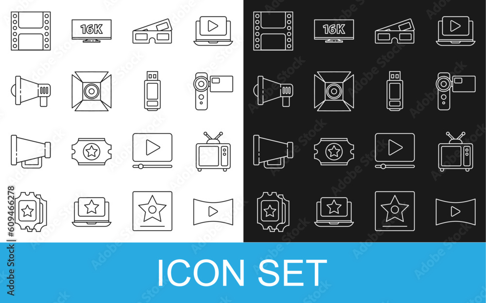 Set line Online play video, Retro tv, Cinema camera, 3D cinema glasses, Movie spotlight, Megaphone, Play Video and USB flash drive icon. Vector Set line Online play video, Retro tv, Cinema camera, 3D cinema glasses, Movie spotlight, Megaphone, Play Video and USB flash drive icon. Vector