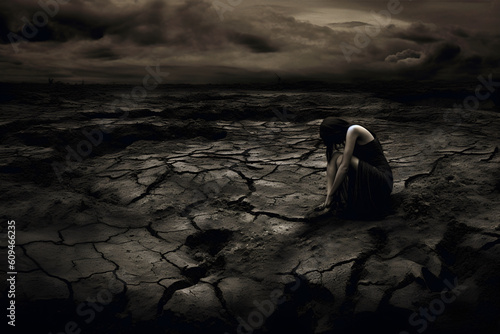 A weeping woman in a dark background. Earth is ravaged by human actions. The desolate scene depicts a barren landscape with a dried floor devoid of any signs of life  where no animals or birds remain.