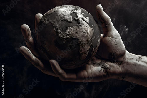 Earth in hand. A Dying Earth. Depict the consequences of climate change on the planet, showcasing the devastating effects on landscapes, wildlife, and communities concept. Save earth.