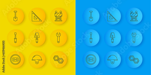 Set line Electrical outlet, Screwdriver, Trowel, Hexagonal metal nut, Wrench spanner, Shovel, Road barrier and Triangular ruler icon. Vector