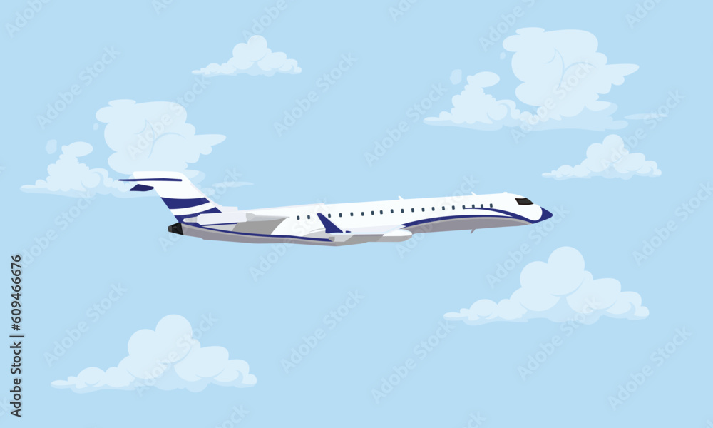 Airplane in the sky. The plane is flying between the clouds. Flat illustration
