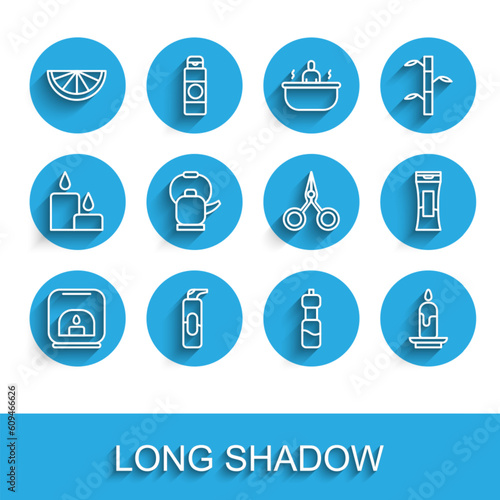 Set line Aroma lamp, Spray can for hairspray, Citrus fruit, Bottle of water, Burning candle, Kettle with handle, shampoo and Scissors icon. Vector