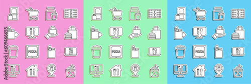 Set line Asian noodles and chopsticks, Online ordering delivery, burger, Cafe restaurant location, and icon. Vector