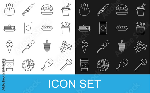Set line Lollipop, Cracker biscuit, Chicken leg in package box, Burger, Soda can with straw, Stack of pancakes, Khinkali on cutting board and Nachos plate icon. Vector